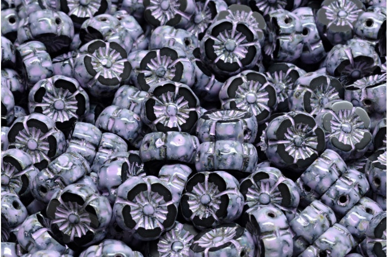 Table Cut Hawaii Flower Beads, Black Travertin Cold Purple Spotted (23980-86800-33305), Glass, Czech Republic