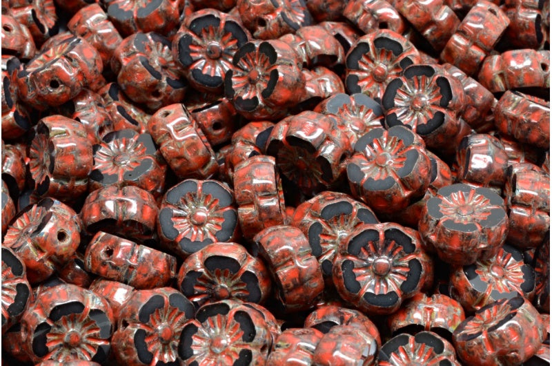 夏威夷花桌切珠,黑色石灰华米色橙色斑点 (23980-86800-33307),玻璃,捷克共和国