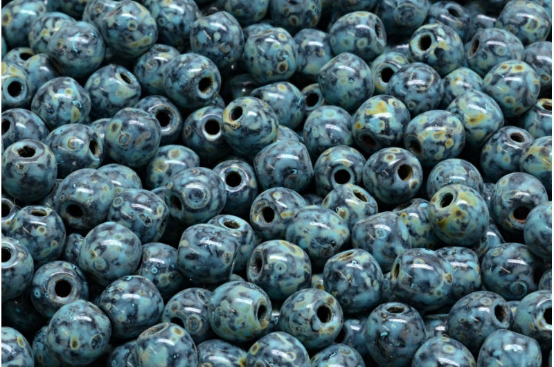 Semi Round Bedas, Black Travertin Turqouise Spotted (23980-86800-33309), Glass, Czech Republic
