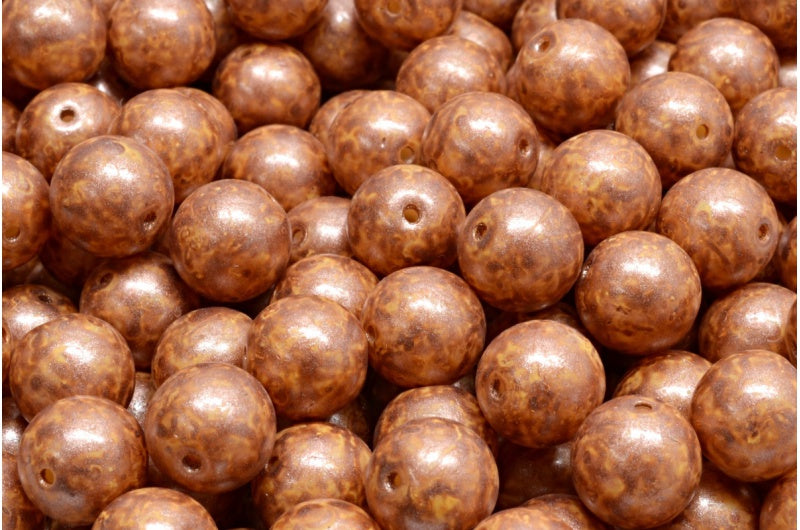 Round Druck Beads, White Light Orange Copper Splash (02010-84302-86750), Glass, Czech Republic