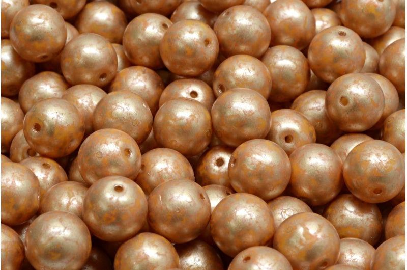 Round Druck Beads, White 84303 Gold Splash (02010-84303-86710), Glass, Czech Republic