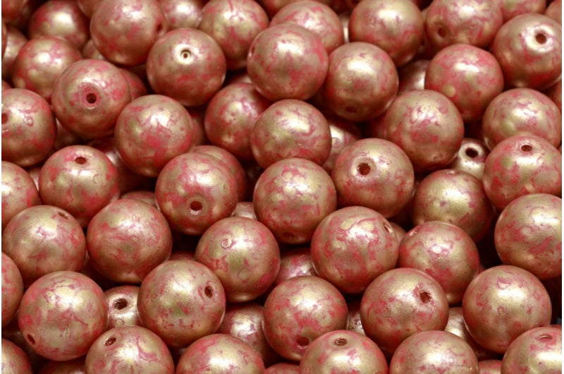 Round Druck Beads, White 84304 Gold Splash (02010-84304-86710), Glass, Czech Republic