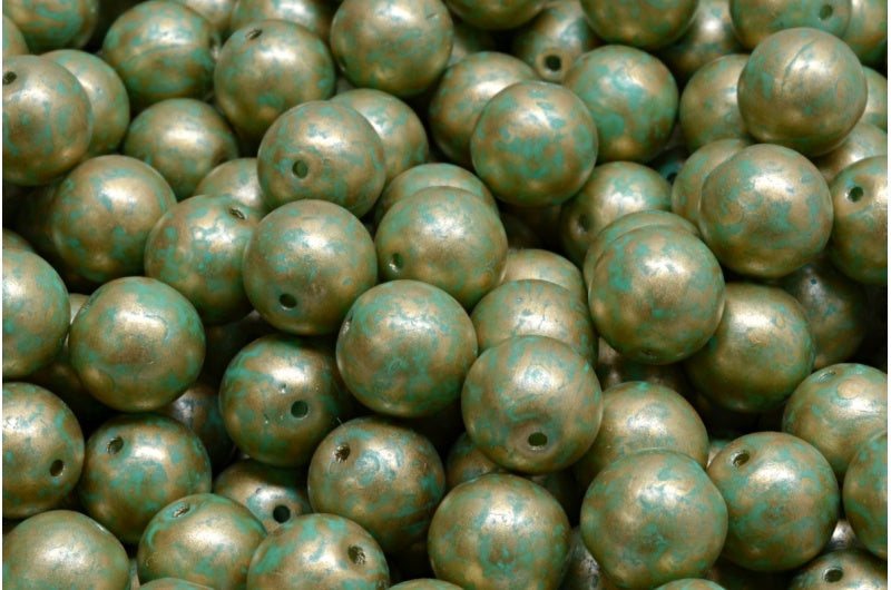 Round Druck Beads, White 84309 Gold Splash (02010-84309-86710), Glass, Czech Republic