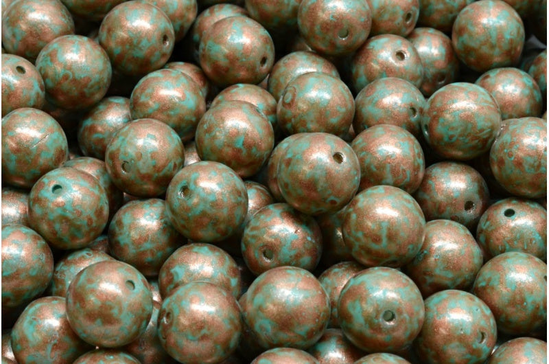 Round Druck Beads, White 84309 Copper Splash (02010-84309-86750), Glass, Czech Republic