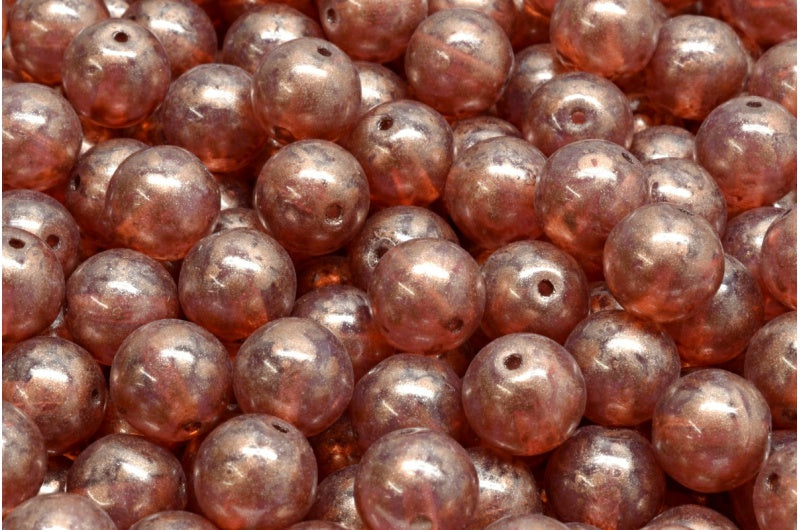 Round Druck Beads, Opal Pink Copper Splash (71010-86750), Glass, Czech Republic