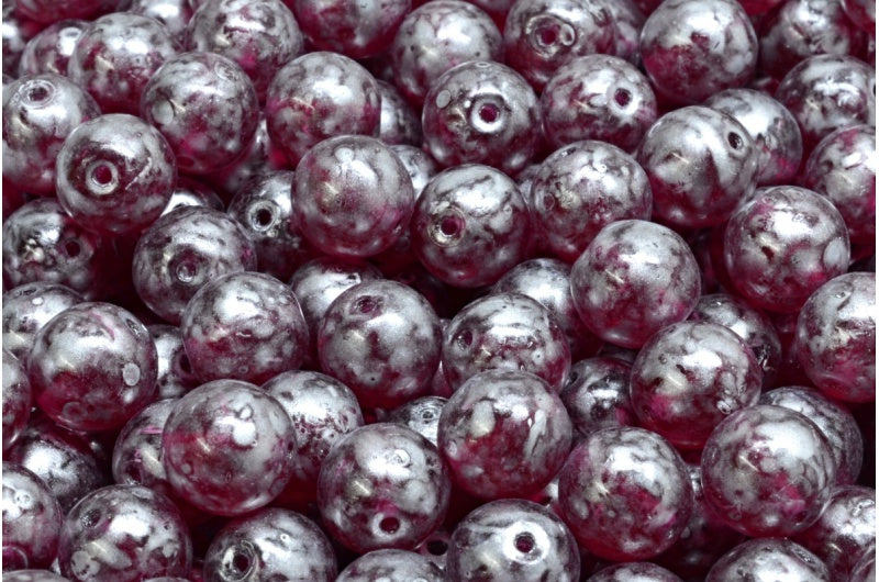 Round Druck Beads, Transparent Red Silver Splash (70350-86700), Glass, Czech Republic