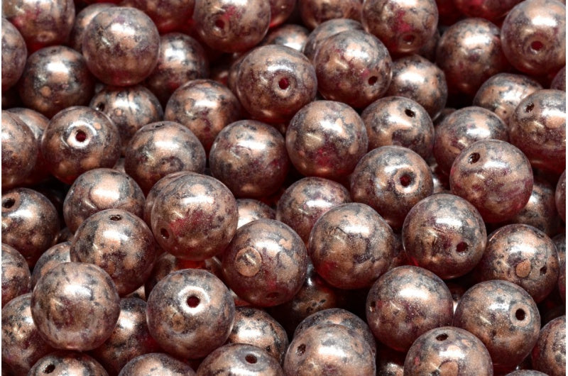 Round Druck Beads, Transparent Red Copper Splash (70350-86750), Glass, Czech Republic