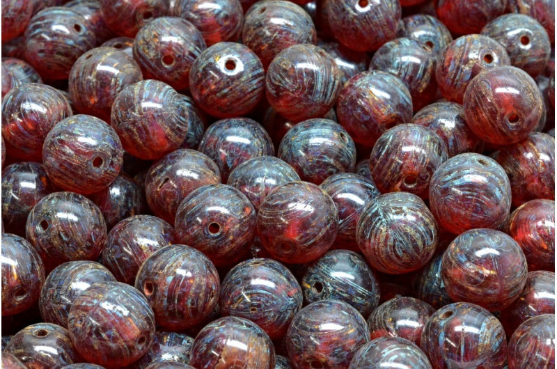 ラウンド Druck ビーズ、透明な赤いトラバーチン (70350-86800)、ガラス、チェコ共和国