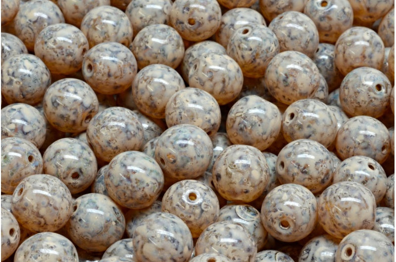 ラウンドドラックビーズ、クリスタルトラバーチンベージュトラバーチンスポット(00030-86800-33301)、ガラス、チェコ共和国