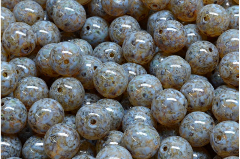 Round Druck Beads, Crystal Travertin Blue Spotted (00030-86800-33308), Glass, Czech Republic