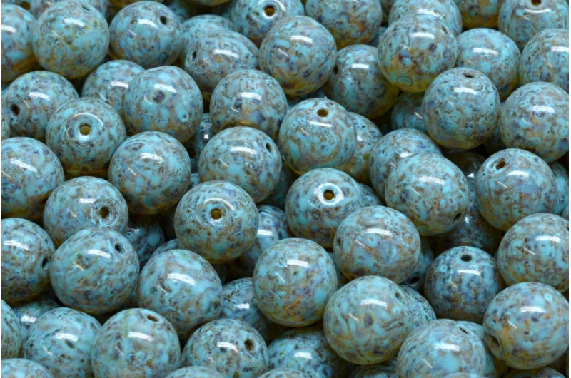 ラウンドドラックビーズ、クリスタルトラバーチンターコイズスポット(00030-86800-33309)、ガラス、チェコ共和国