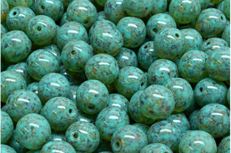 Round Druck Beads, Crystal Travertin Turqouise Spotted (00030-86800-33310), Glass, Czech Republic