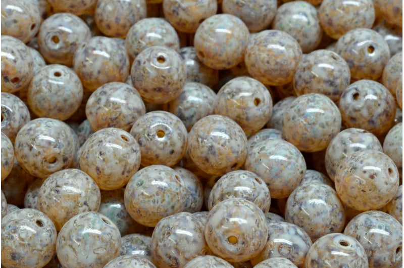 圆形 Druck 珠子,米色斑点水晶石灰华 (00030-86800-33312),玻璃,捷克共和国