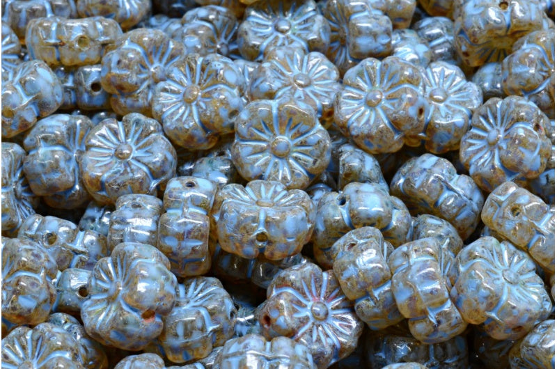 出口 10 克锦葵花,10 x 10 毫米,水晶石灰华蓝色斑点 (00030-86800-33308),玻璃,捷克共和国