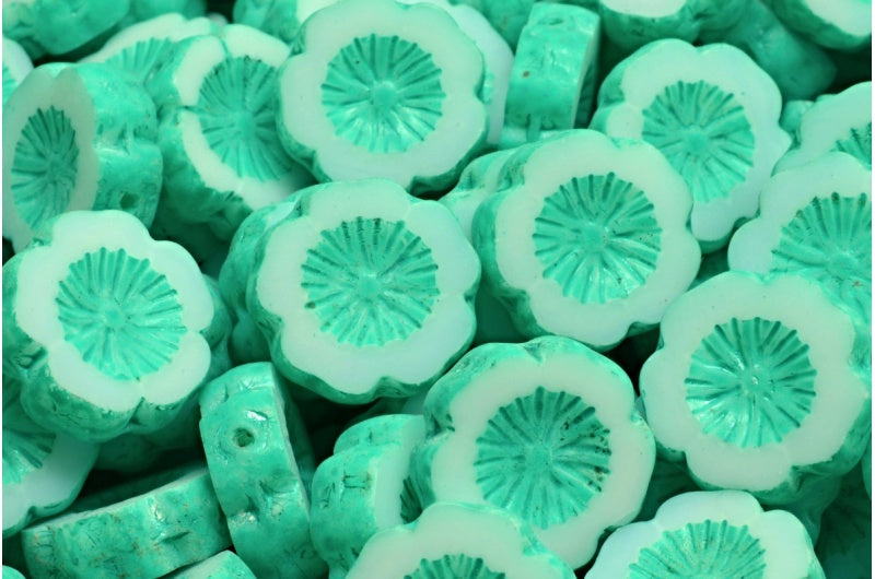 Table Cut Hawaii Flower Beads, White Turqouise Spotted (02010-33310), Glass, Czech Republic