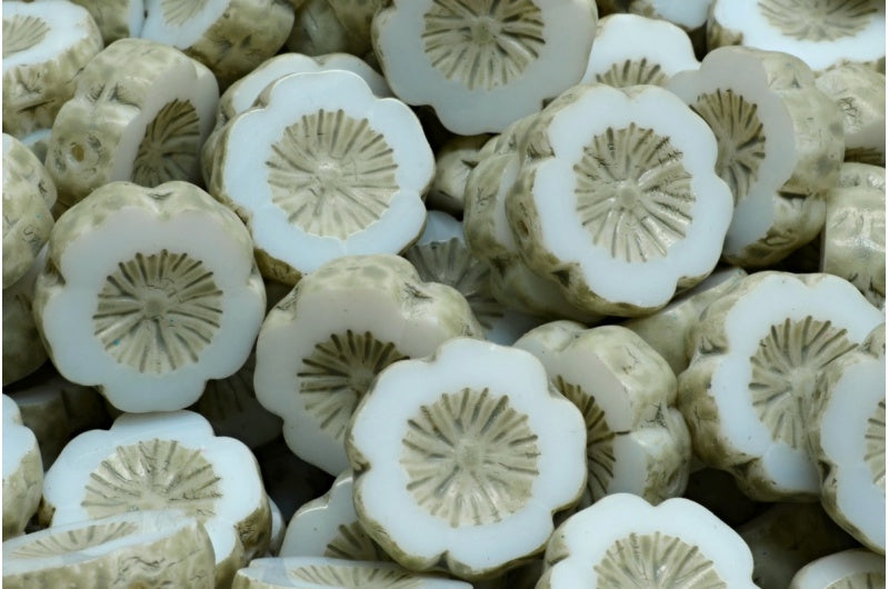 Table Cut Hawaii Flower Beads, White Beige Spotted (02010-33312), Glass, Czech Republic