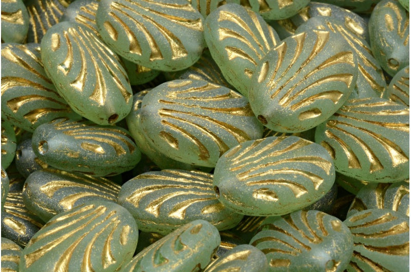 Oval With Lines, Transparent Green Matte Gold Lined (50500-84100-54302), Glass, Czech Republic