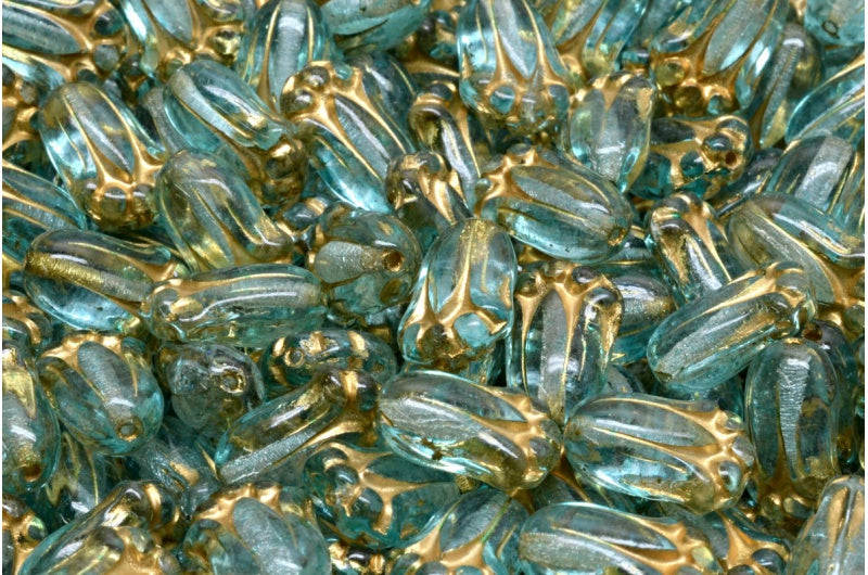 郁金香花蕾珠,水晶金线浅水蓝色 (00030-54302-34308),玻璃,捷克共和国