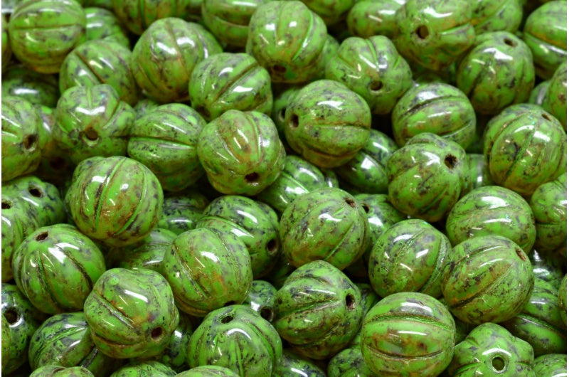 Melon Beads, Crystal Travertin Green Spotted (00030-86800-33311), Glass, Czech Republic