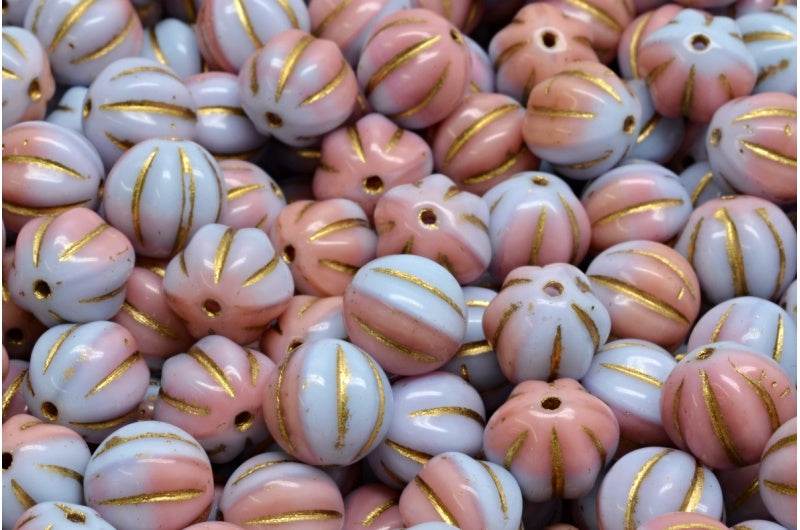 メロンビーズ、不透明ライラックブルー、金線入り(37714-54302)、ガラス、チェコ共和国