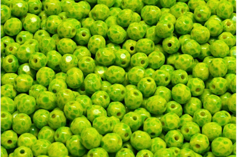 ファセット加工の丸型ファセットポリッシュビーズ、黄緑色の斑点(83120-33311)、ガラス、チェコ共和国