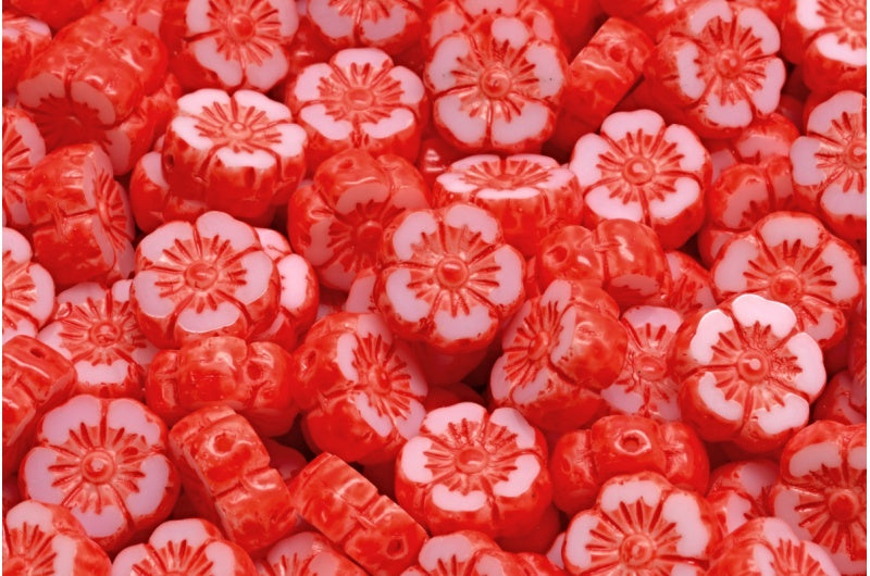 夏威夷花形桌饰珠子,白色米色橙色斑点 (02010-33307),玻璃,捷克共和国