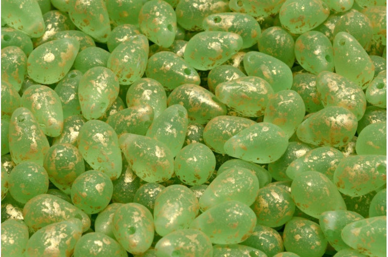 OUTLET 10 grams Teardrop Beads, 6 x 9 mm, Transparent Green Matte Gold Splash (50800-84100-94401), Glass, Czech Republic