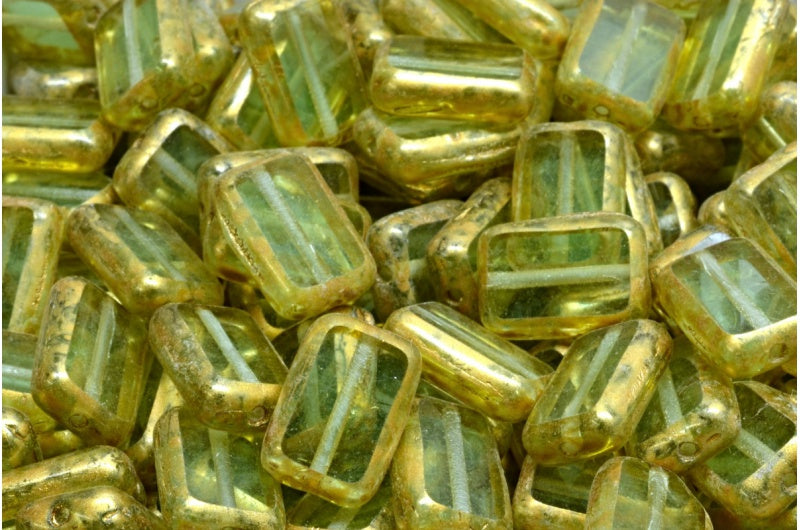 Table Cut Rectangle Beads, Transparent Green Gold Splash (50500-86720), Glass, Czech Republic