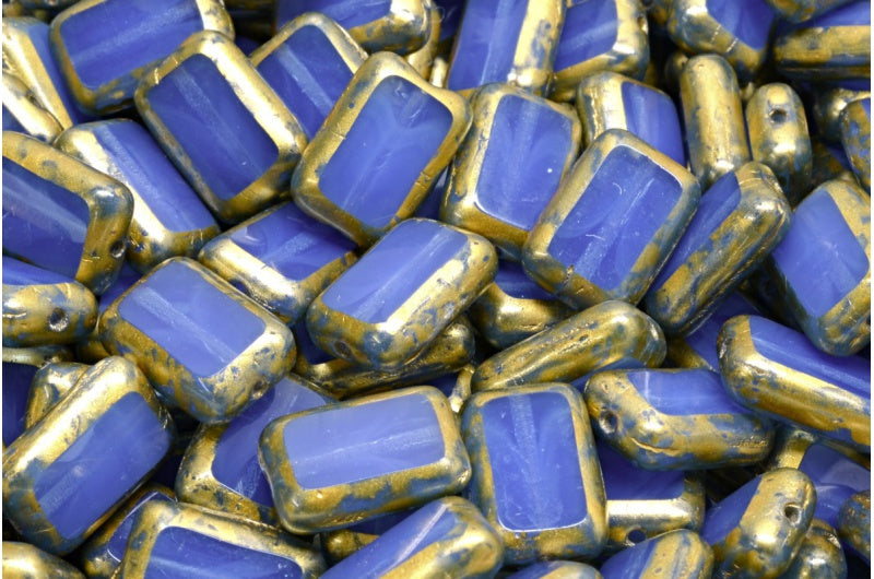 テーブルカット長方形ビーズ、オパールブルーゴールドスプラッシュ(31000-86720)、ガラス、チェコ共和国