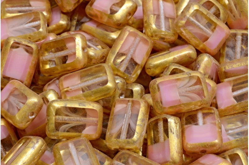 Table Cut Rectangle Beads, Opaque Pink Gold Splash (76018-86720), Glass, Czech Republic