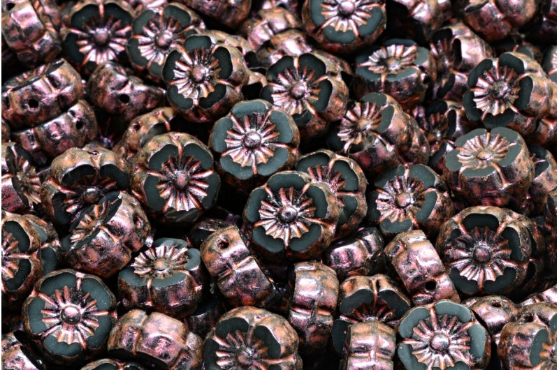 Table Cut Hawaii Flower Beads, Black Red Iridiscent (23980-86944), Glass, Czech Republic