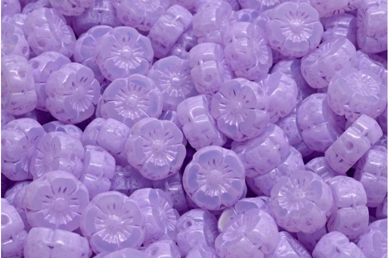 Table Cut Hawaii Flower Beads, Opal White Cold Purple Spotted (01000-33305), Glass, Czech Republic