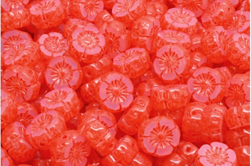 Table Cut Hawaii Flower Beads, Opal White Beige Orange Spotted (01000-33307), Glass, Czech Republic