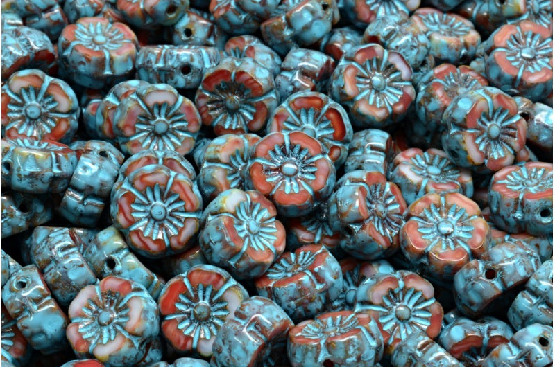 Table Cut Hawaii Flower Beads, R2393 Travertin Turqouise Spotted (R2393-86800-33309), Glass, Czech Republic