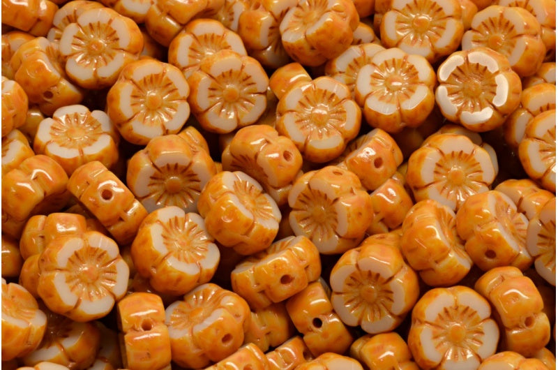 Table Cut Hawaii Flower Beads, Beige Orange Spotted (13020-33302), Glass, Czech Republic