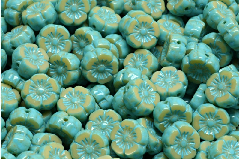Table Cut Hawaii Flower Beads, Beige Turqouise Spotted (13020-33309), Glass, Czech Republic