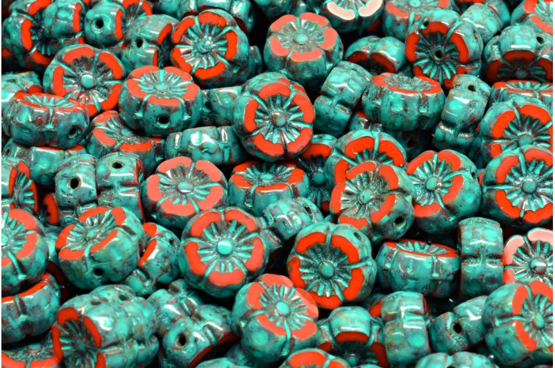 テーブルカットハワイフラワービーズ、不透明レッドトラバーチンターコイズスポット(93200-86800-33309)、ガラス、チェコ共和国