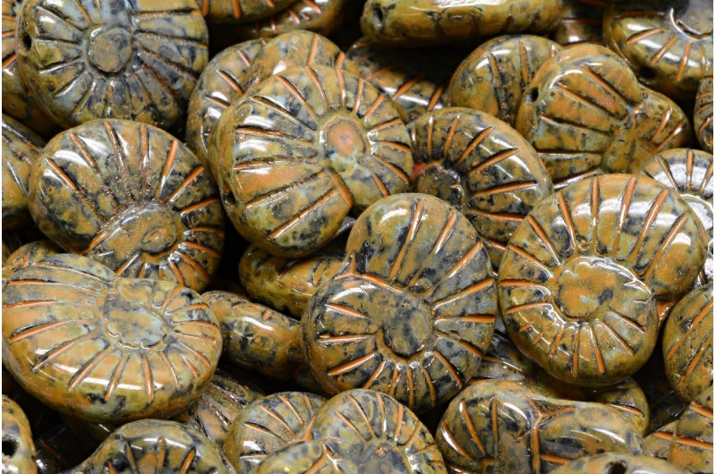 シェルビーズ、ブラックトラバーチンオレンジスポット(23980-86800-33302)、ガラス、チェコ共和国