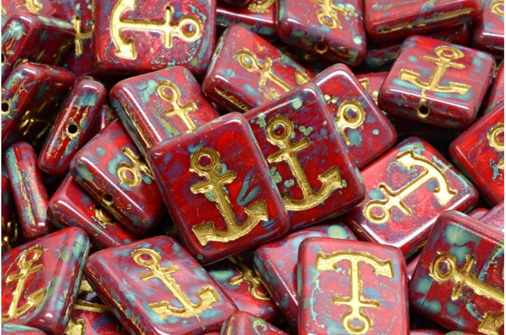 OUTLET 10 grams Anchor Design Rectangle Beads, 18 x 12 mm, Opaque Red Travertin Gold Lined (93200-86800-54302), Glass, Czech Republic