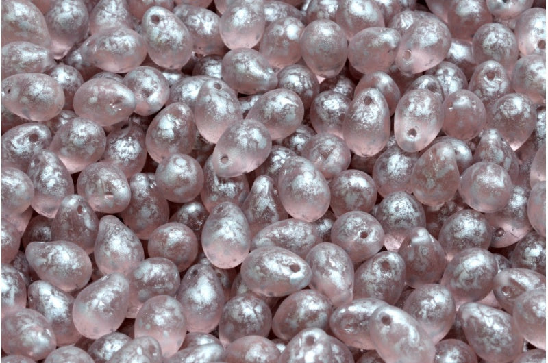 OUTLET 10 grams Drop Beads, 5 x 7 mm, Transparent Pink Matte Silver Splash (70120-84100-86700), Glass, Czech Republic