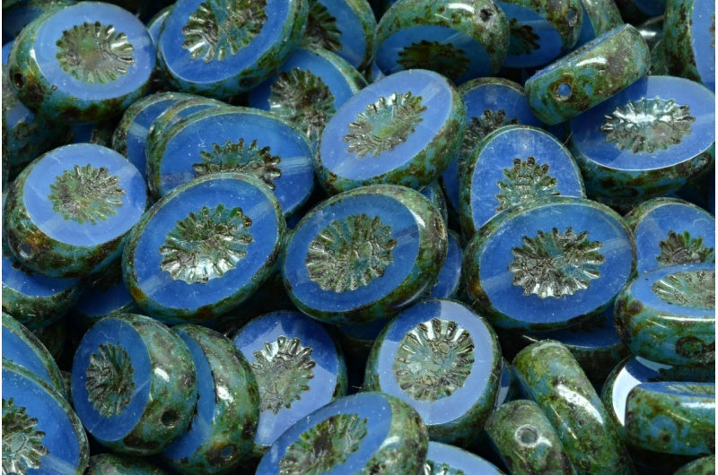 OUTLET 10 grams Table Cut Kiwi Beads, 14 x 10 mm, Opal Blue Travertin Light Green (31010-86800-34310), Glass, Czech Republic