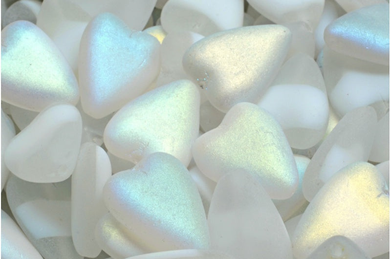 細長いハートビーズ、ホワイトマットAB(R0201-84100-28701)、ガラス、チェコ共和国