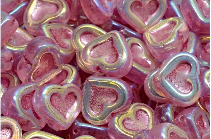 OUTLET 10 grams Heart With Heart Beads, 12 x 14 mm, Crystal Ab Full (2X Side) Pink Lined (00030-28703-54321), Glass, Czech Republic