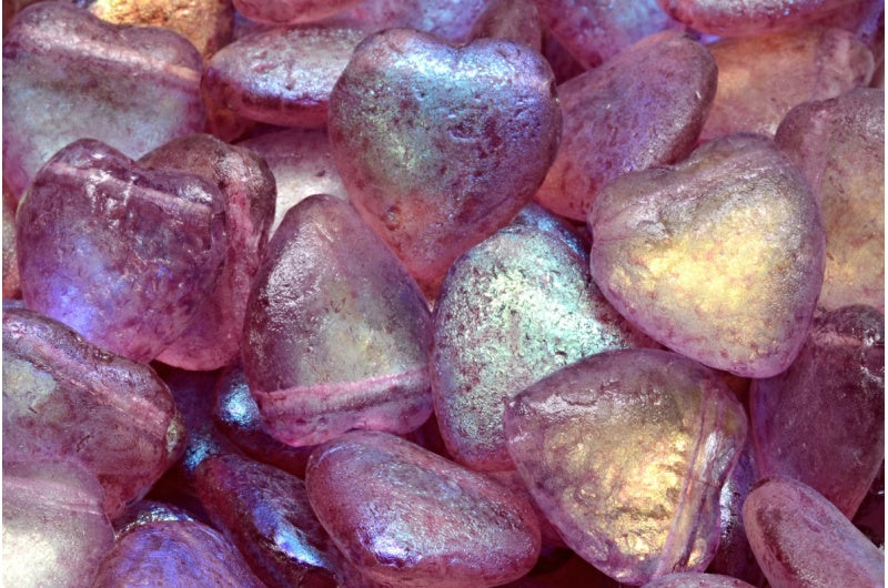 OUTLET 10 grams Heart Bead With Side Hole, 15 x 16 mm, Crystal Etched Ab Light Fuchsia Pink (00030-etch-28701-34306), Glass, Czech Republic