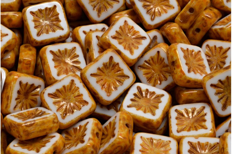 Table Cut Square Kiwi Beads, White Travertin Orange Spotted (02010-86800-33302), Glass, Czech Republic