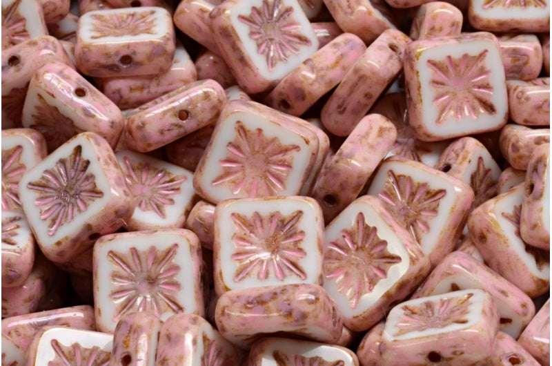 Table Cut Square Kiwi Beads, White Travertin Warm Purple Spotted (02010-86800-33304), Glass, Czech Republic