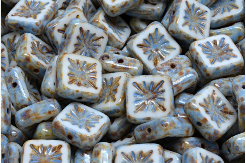 Table Cut Square Kiwi Beads, White Travertin Blue Spotted (02010-86800-33308), Glass, Czech Republic