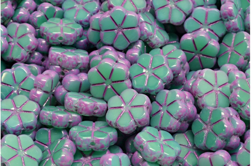 Table Cut Garland Flower Beads, Opal Green Pink Spotted (52020-33306), Glass, Czech Republic