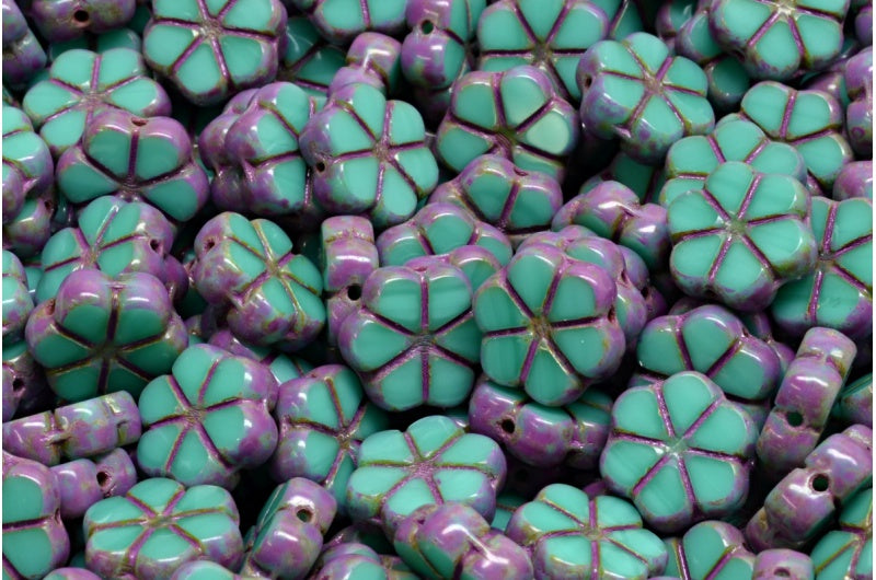 テーブルカットガーランドフラワービーズ、ターコイズトラバーチンピンクスポット(63130-86800-33306)、ガラス、チェコ共和国