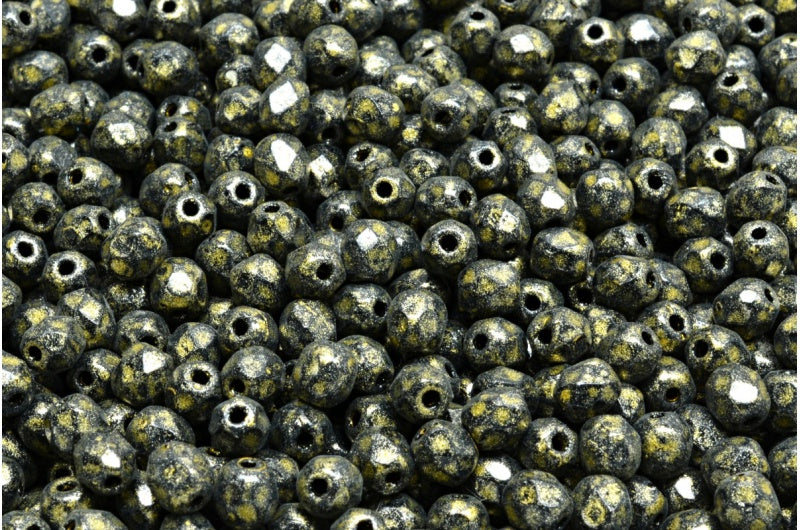 多面圆形火抛光珠,黑色浅黄色(23980-34302),玻璃,捷克共和国